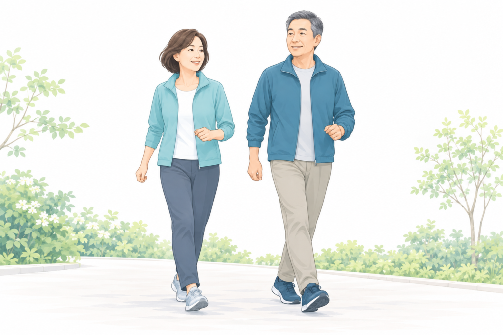 青緑の運動着で、平らな道を穏やかに歩く中高年の男女