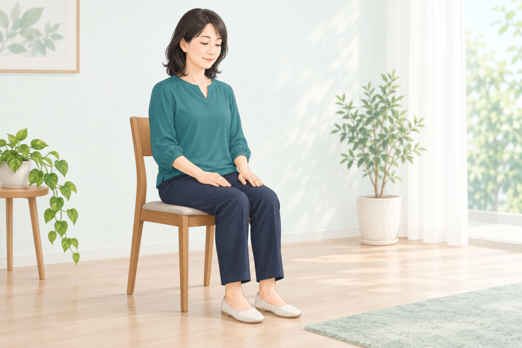 椅子に座り、足を床につけて静かに瞑想する青緑の服の女性